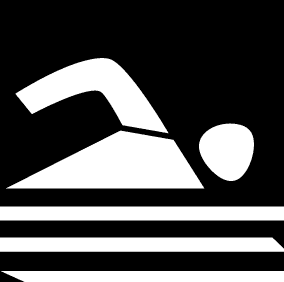 Minimalistische weiße Silhouette eines Schwimmers über stilisierten Wasserwellen, auf schwarzem Hintergrund.